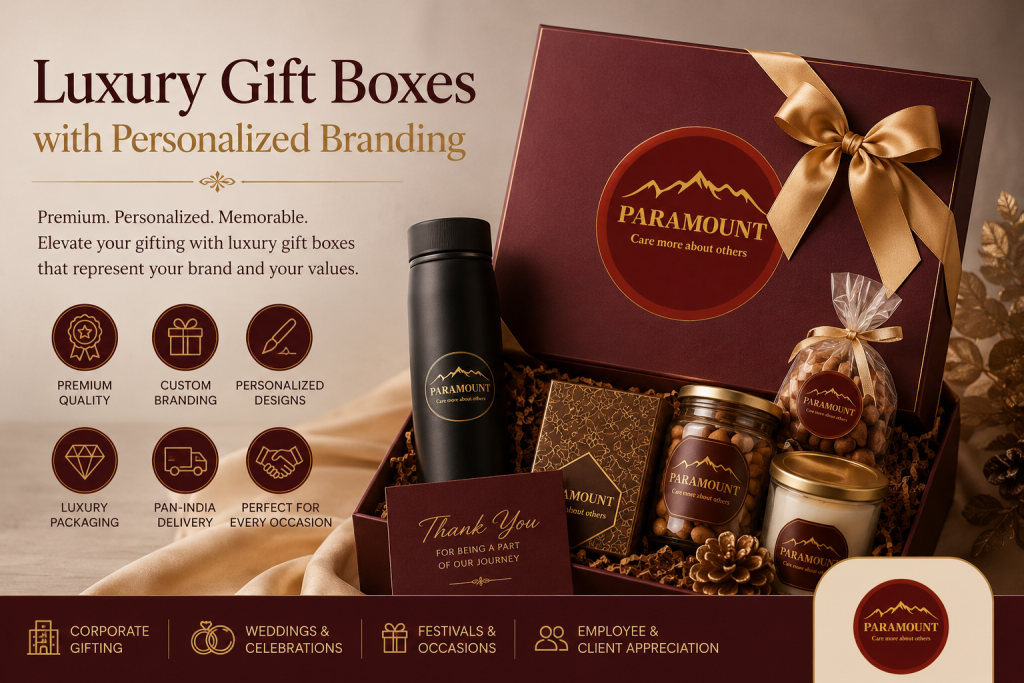 Luxury gift boxes with personalized branding featuring custom logo packaging by Paramount Hampers Hyderabad