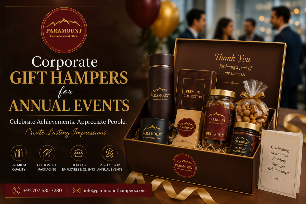 Corporate gift hampers for annual events with premium customized business gift boxes by Paramount Hampers