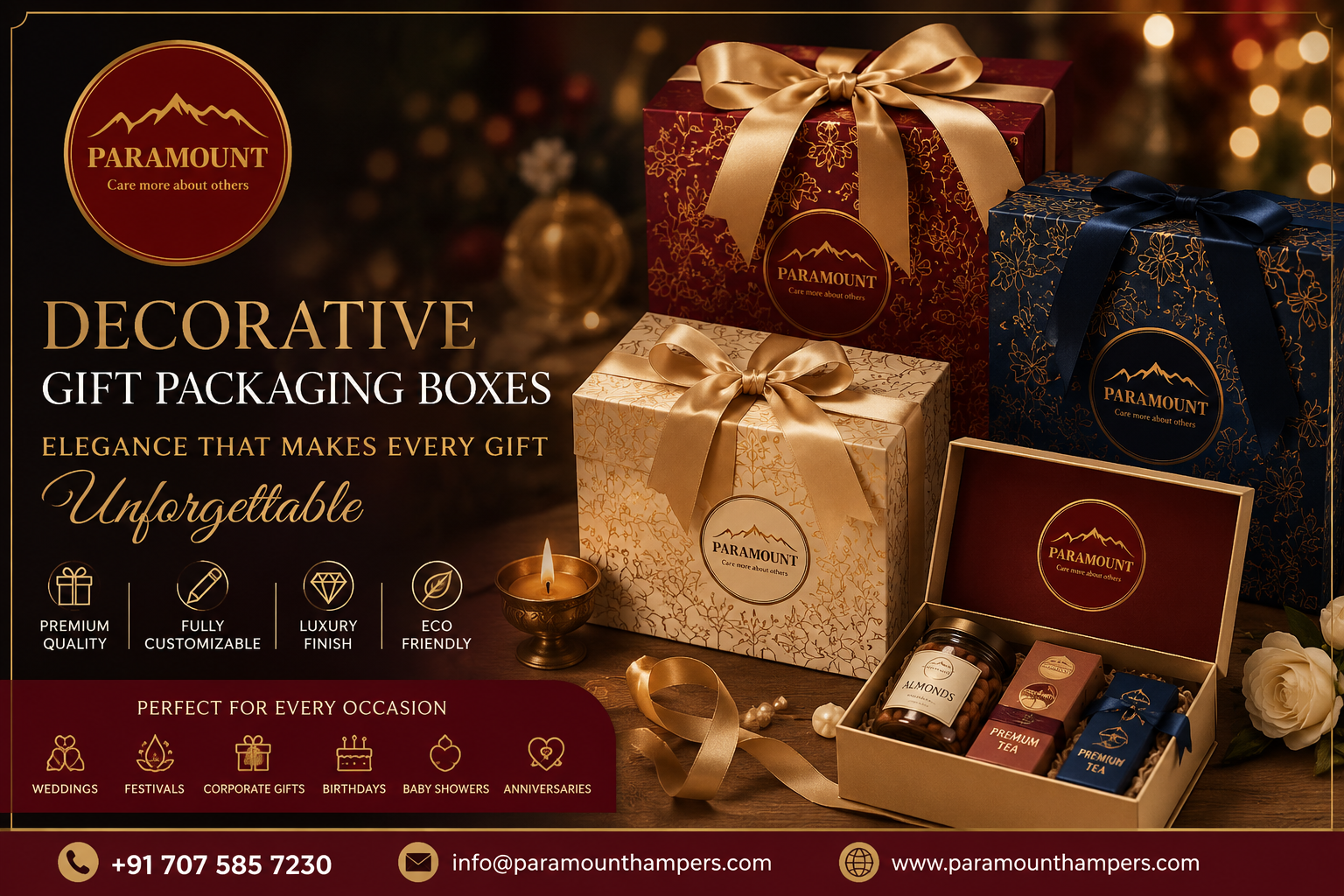 Decorative gift packaging boxes by Paramount Hampers