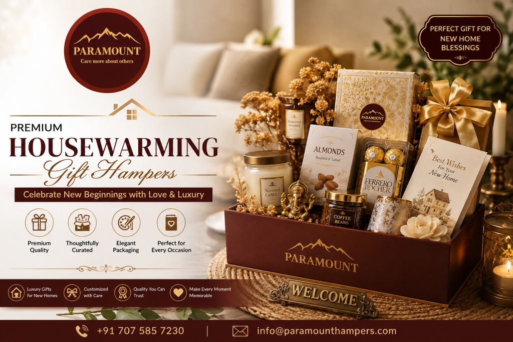 Housewarming gift hampers with luxury gift boxes, gourmet treats, home décor, and personalized packaging