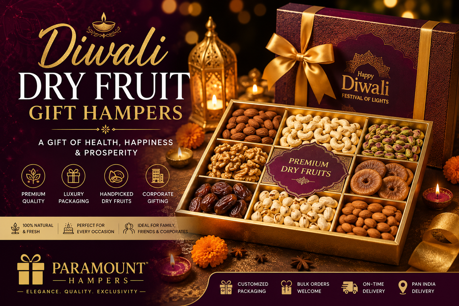Diwali dry fruit gift hampers with premium almonds, cashews, pistachios, raisins and festive luxury gift packaging