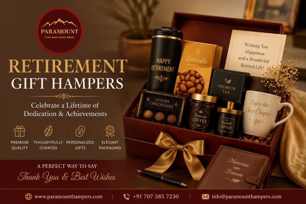 Premium Retirement Gift Hampers with personalized farewell gifts, gourmet treats, and luxury packaging