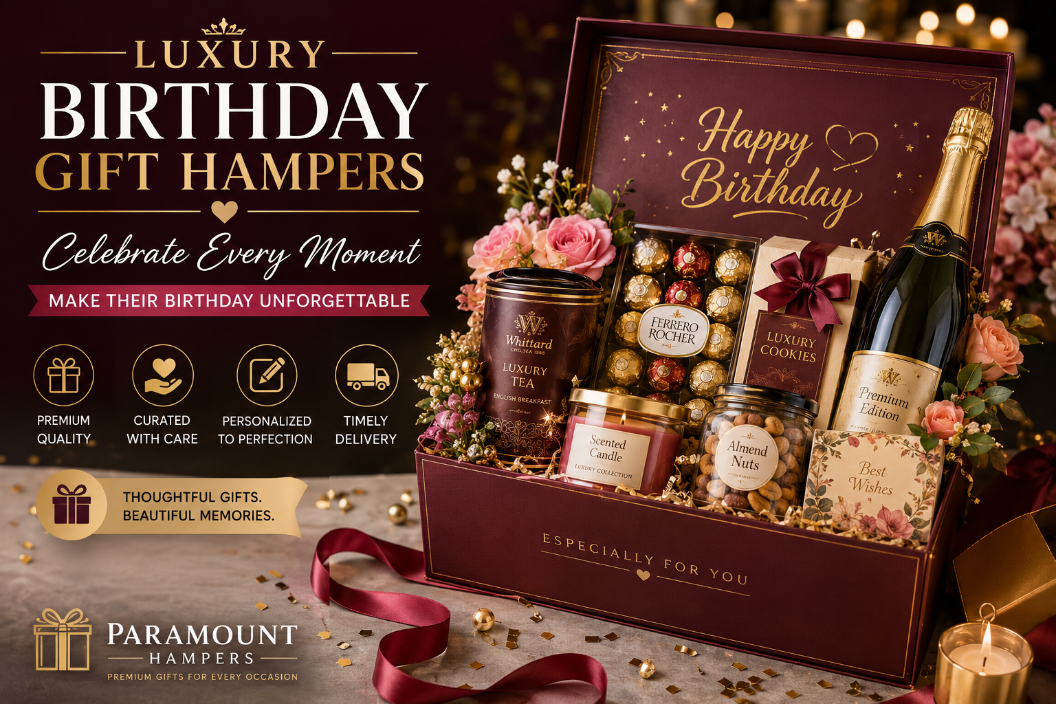 Luxury birthday gift hampers with premium chocolates, flowers, gourmet treats and personalized gifts