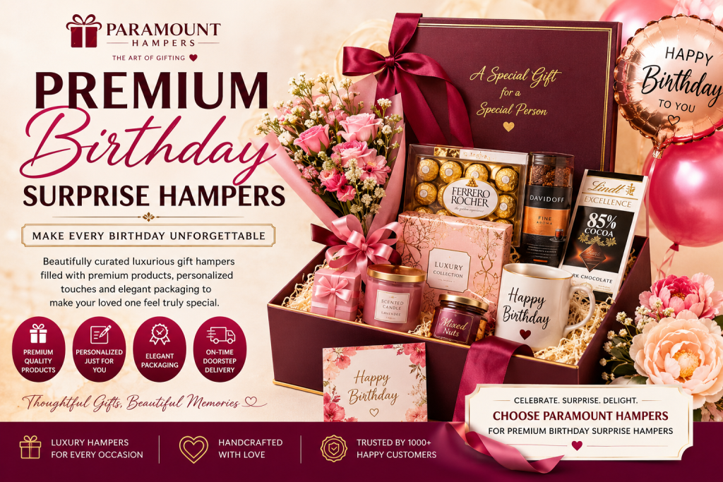 Premium birthday surprise hampers featuring luxury chocolates, flowers, personalized gifts, gourmet treats, elegant gift boxes, and premium packaging by Paramount Hampers