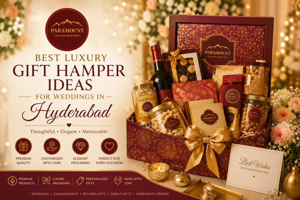 Best luxury gift hamper ideas for weddings in Hyderabad featuring premium customized wedding gift hampers, gourmet gift boxes, personalized wedding gifts, and elegant luxury packaging by Paramount Hampers.