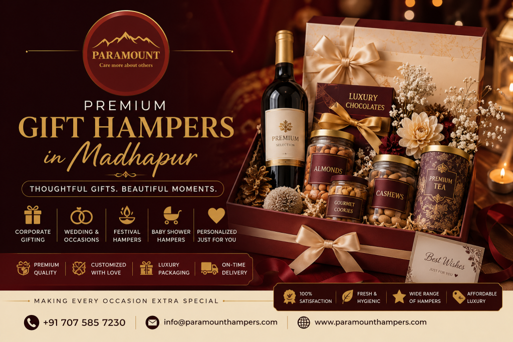 Luxury Gift hampers in Madhapur by Paramount Hampers featuring premium chocolates, dry fruits, gourmet products, personalized gifts, corporate gift boxes, wedding hampers, and festive hampers.
