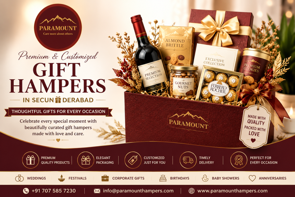Premium Gift Hampers in Secunderabad by Paramount Hampers featuring luxury gift boxes, customized hampers, corporate gifts, wedding hampers, festival gifting, and elegant packaging.