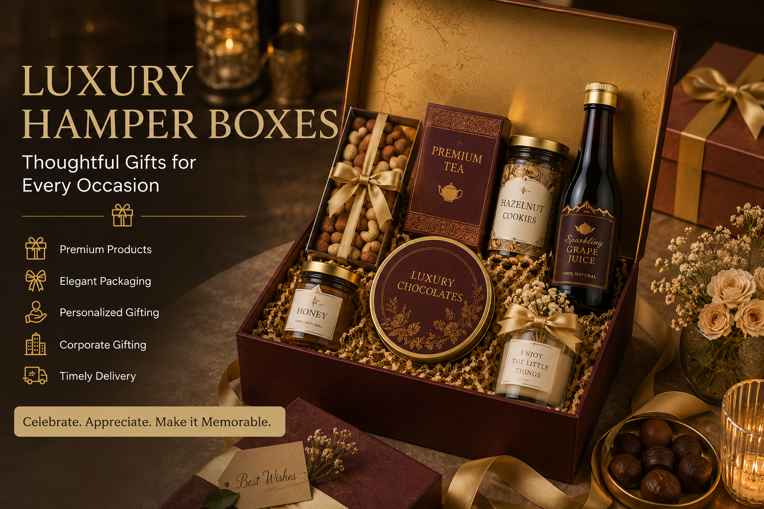 Luxury Hamper Boxes in Manikonda by Paramount Hampers for weddings, birthdays, corporate gifting and celebrations