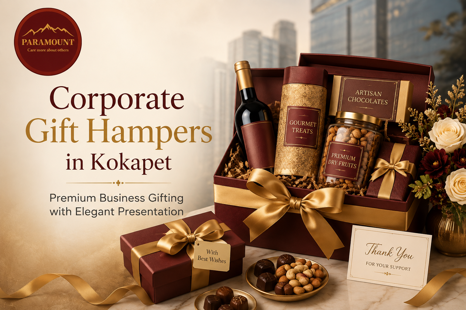 Corporate Gift Hampers in Kokapet with premium chocolates dry fruits gourmet products and elegant business packaging