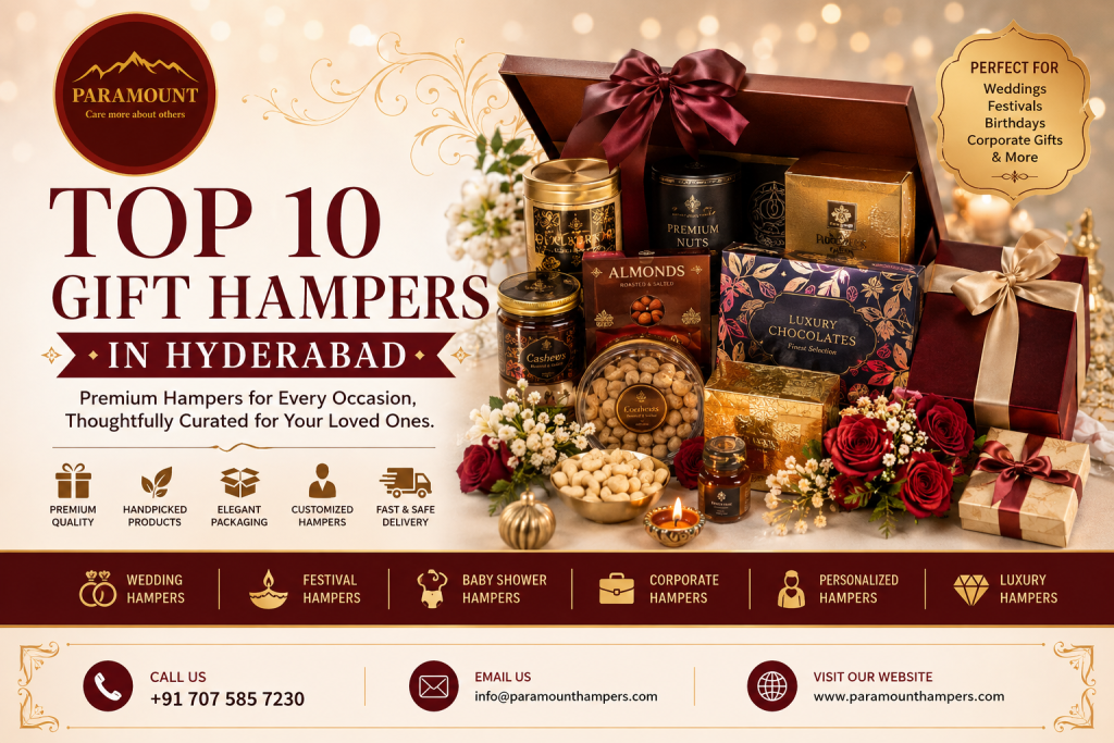 Top 10 Gift Hampers in Hyderabad featuring premium customized luxury gift hampers for weddings, birthdays, festivals, baby showers, and corporate gifting by Paramount Hampers.