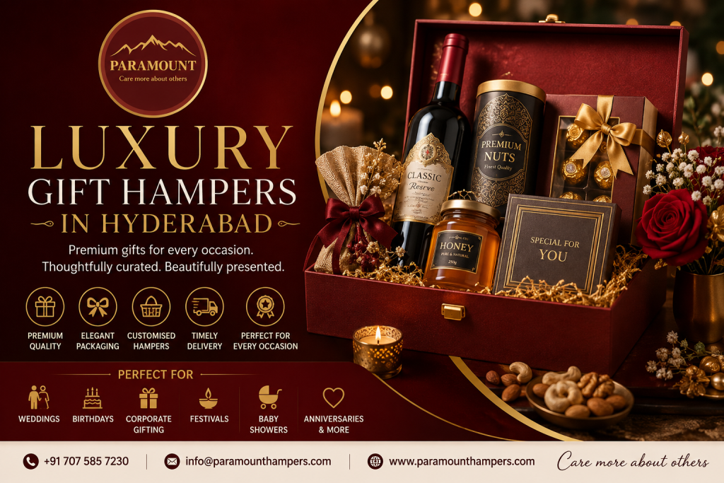 Luxury Gift Hampers in Hyderabad with premium customized gift boxes for weddings, festivals, corporate gifting, birthdays, anniversaries, and special occasions by Paramount Hampers.