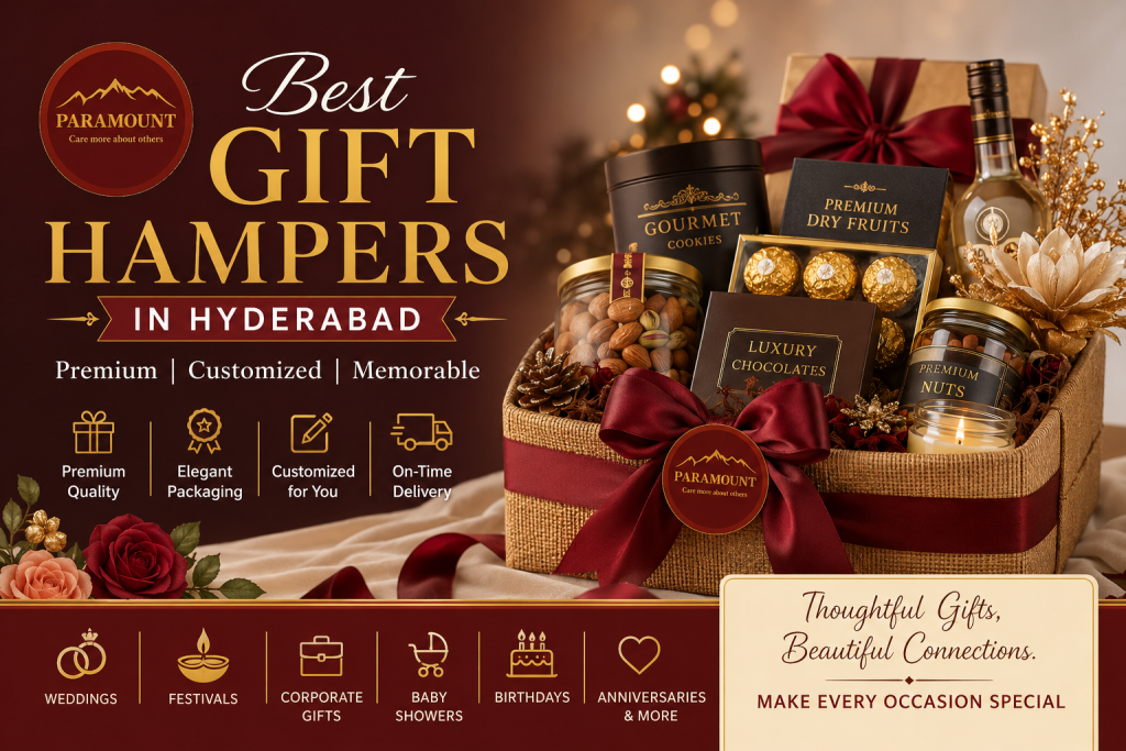 Best Gift Hampers in Hyderabad featuring premium customized gift boxes for weddings, corporate gifting, festivals, birthdays, baby showers, and luxury celebrations by Paramount Hampers.