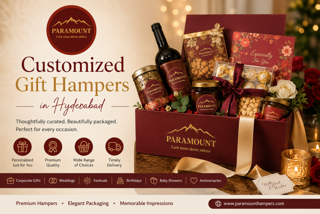 Customized Gift Hampers in Hyderabad featuring premium personalized gift boxes for weddings, birthdays, baby showers, festivals, and corporate gifting by Paramount Hampers