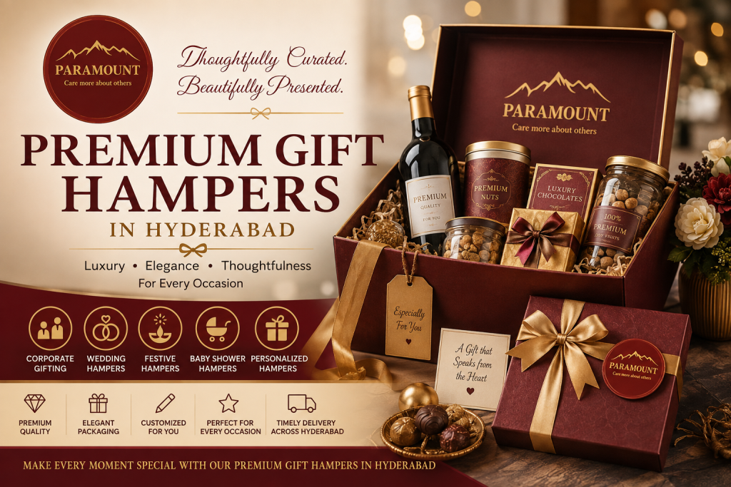 Premium Gift Hampers in Hyderabad featuring luxury gift boxes, gourmet treats, dry fruits, chocolates, festive gifts, corporate gifting, wedding hampers, and personalized packaging by Paramount Hampers.
