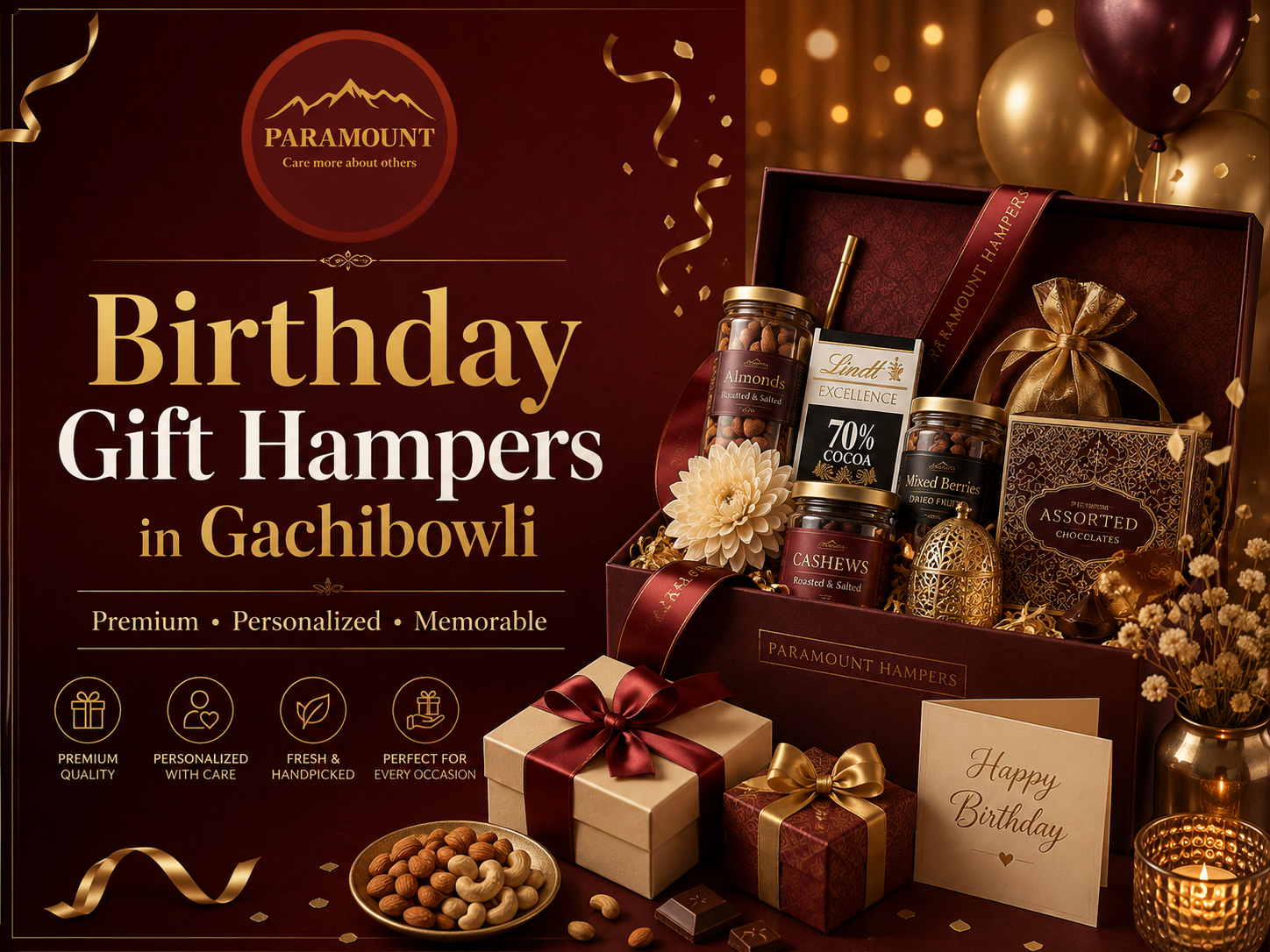 Birthday Gift Hampers in Gachibowli with premium chocolates, dry fruits and personalized gifts