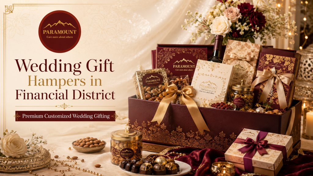 Wedding Gift Hampers in Financial District with premium customized boxes, chocolates, dry fruits and elegant wedding gifts