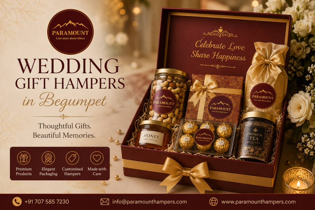 Wedding Gift Hampers in Begumpet with premium customized boxes, chocolates, dry fruits and elegant wedding packaging