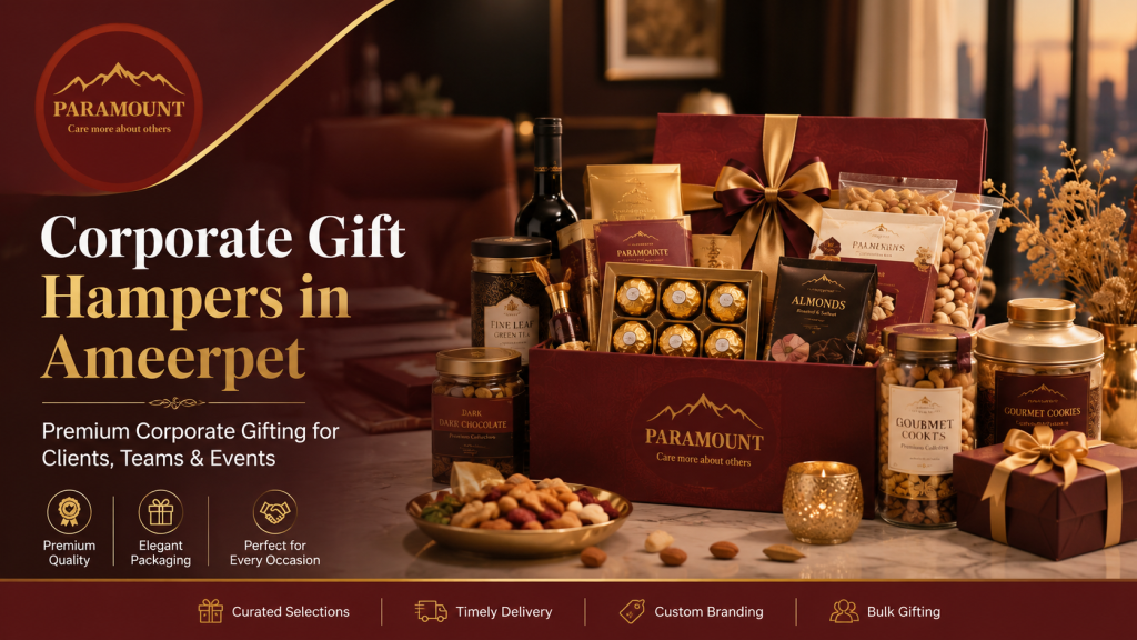 Corporate Gift Hampers in Ameerpet with premium chocolates, dry fruits, gourmet products and elegant corporate packaging