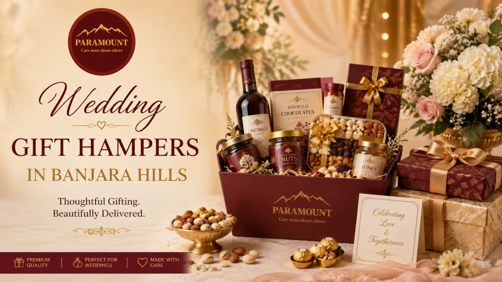 Wedding Gift Hampers in Banjara Hills with premium dry fruits, chocolates, gourmet products and elegant wedding packaging