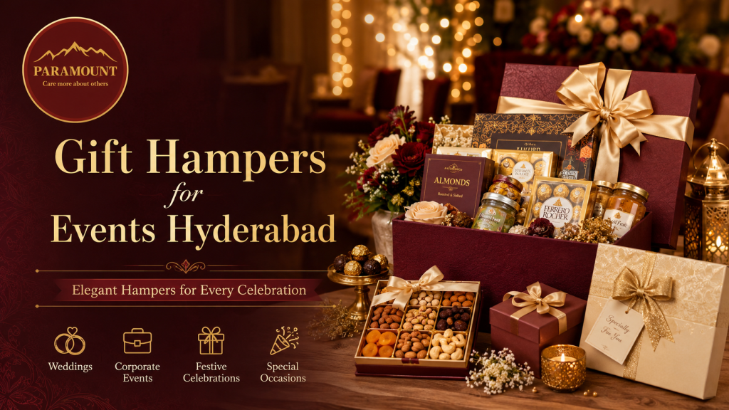 Gift Hampers for Events Hyderabad with premium dry fruits, chocolates, sweets and elegant customized event packaging