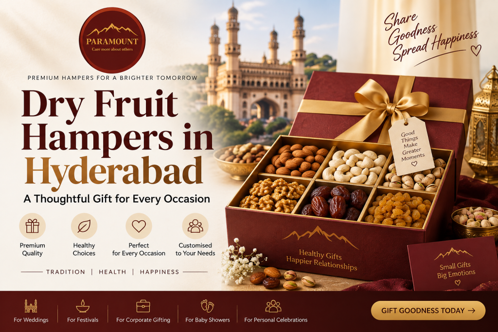 Dry Fruit Hampers in Hyderabad with almonds, cashews, pistachios, dates, chocolates and premium gift packaging
