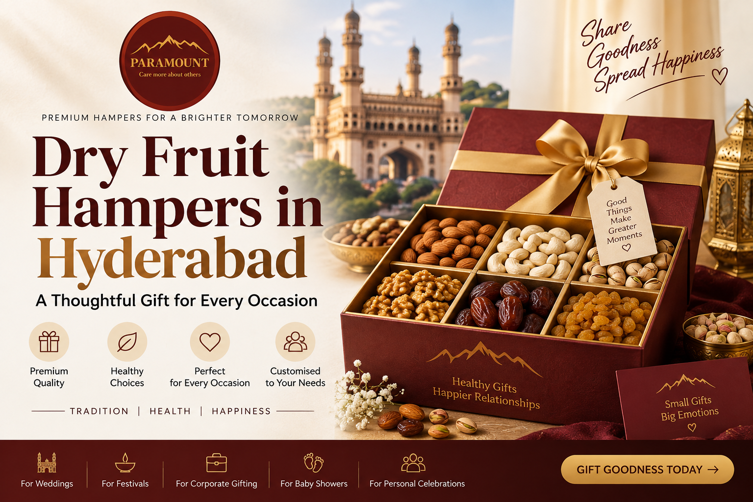 Dry Fruit Hampers in Hyderabad with premium almonds, cashews, pistachios, dates and luxury gift packaging