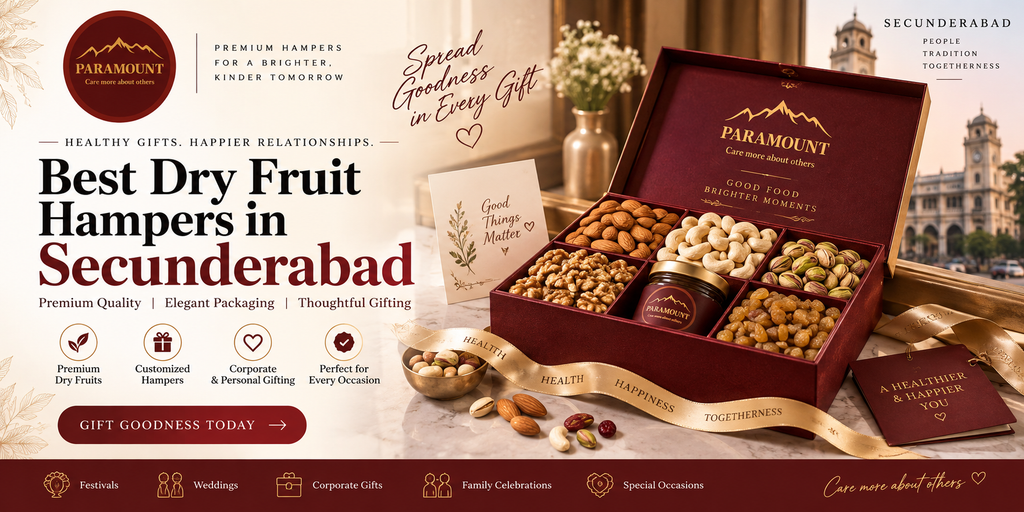 Best Dry Fruit Hampers in Secunderabad by Paramount Hampers Image Caption: Premium and customized dry fruit hampers in Secunderabad for corporate, festive, wedding and personal gifting by Paramount Hampers.