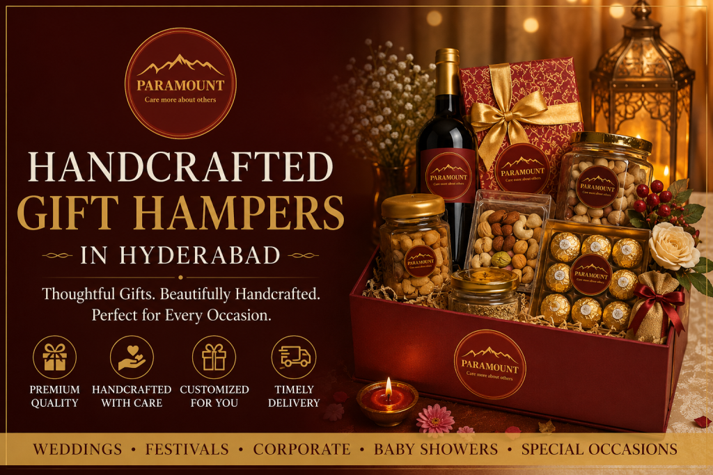 Handcrafted Gift Hampers in Hyderabad with premium dry fruits, chocolates, sweets and elegant customized packaging